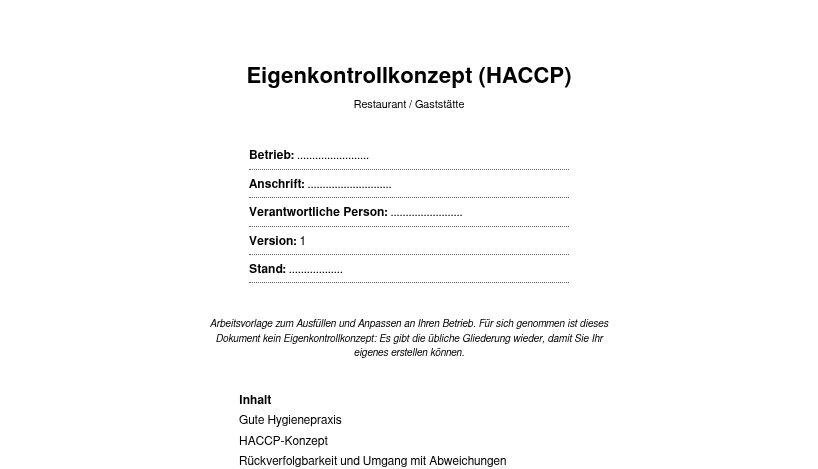 Vorschau der leeren Eigenkontrollkonzept-Vorlage: Deckblatt und Übersicht der auszufüllenden Teile