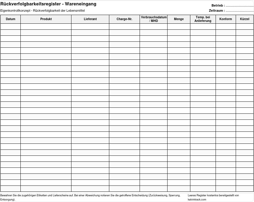 Vorschau des leeren Rückverfolgbarkeitsregisters, Wareneingang: Datum, Produkt, Lieferant, Charge, Verbrauchsdatum, Menge, Temperatur, konform, Kürzel