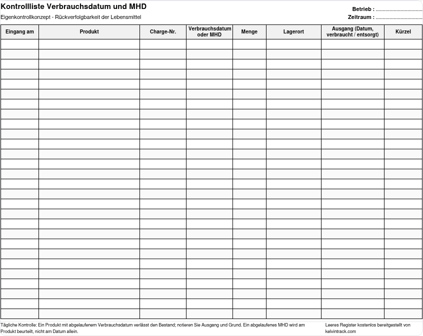 Vorschau der leeren Verbrauchsdatum-Kontrollliste: Eingang, Produkt, Charge, Verbrauchsdatum oder MHD, Menge, Lagerort, Ausgang, Kürzel