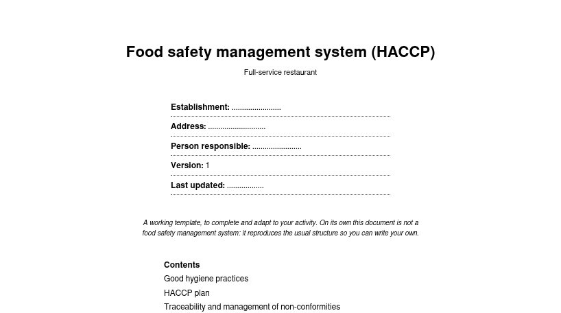 Preview of the blank food safety plan template: cover page and table of the parts to complete