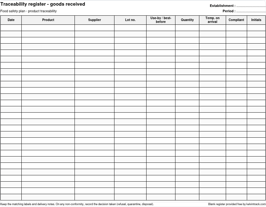 Preview of the blank traceability register, goods received: date, product, supplier, lot, use-by, quantity, temperature, compliant, initials