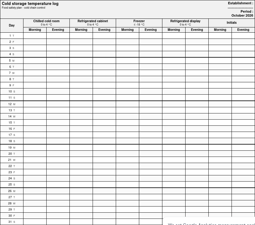 Preview of the blank fridge temperature log sheet: 31 days, one column per enclosure and time slot, limit at the head of the column, initials box