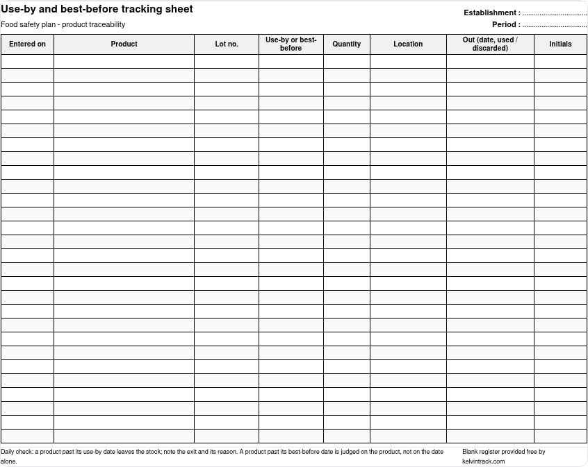 Preview of the blank use-by tracking sheet: entered on, product, lot, use-by or best-before, quantity, location, exit, initials