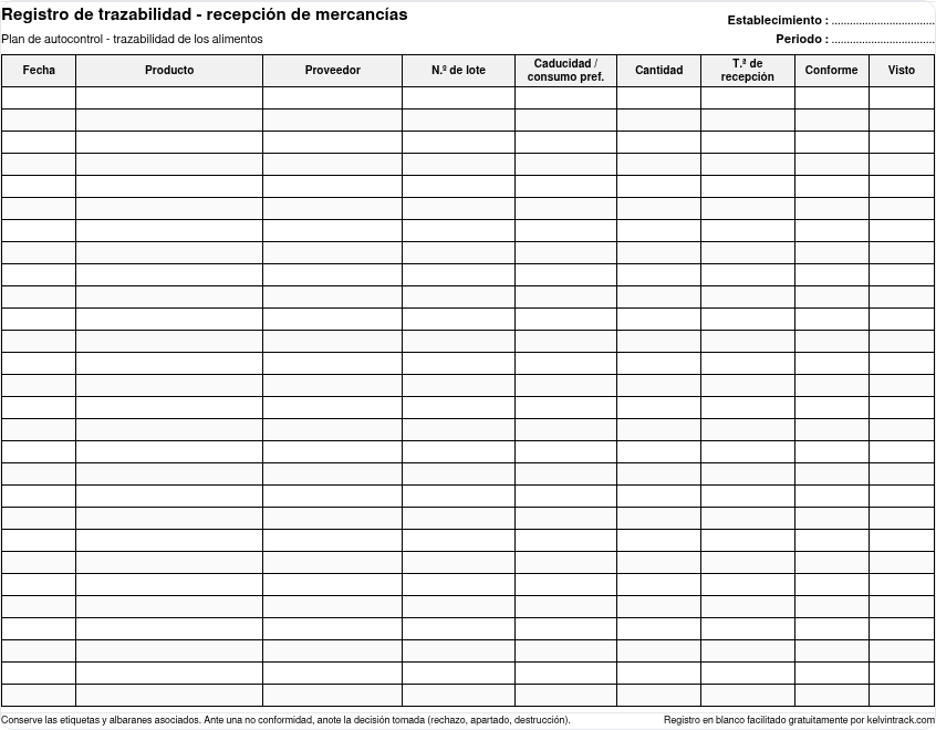 Vista previa del registro de trazabilidad en blanco, recepción: fecha, producto, proveedor, lote, caducidad, cantidad, temperatura, conforme, visto