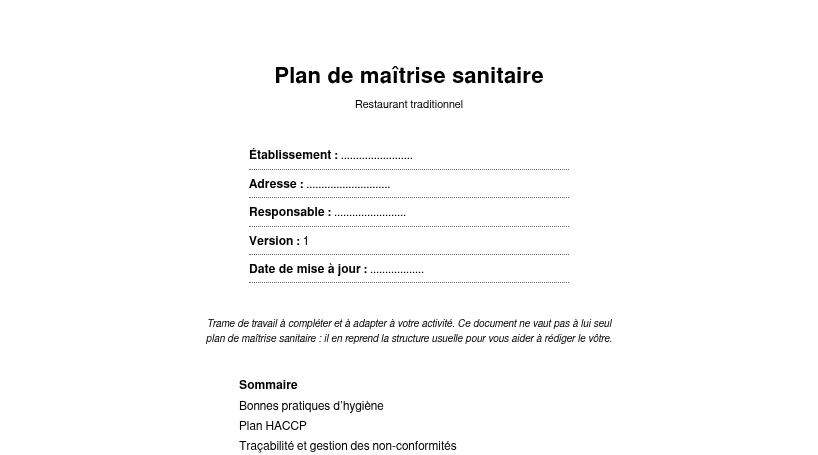 Aperçu de la trame de plan de maîtrise sanitaire vierge : page de garde et sommaire des parties à compléter