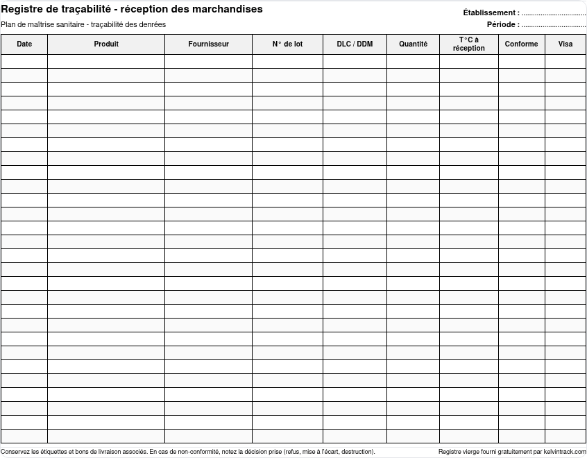 Aperçu du registre de traçabilité vierge, réception des marchandises : date, produit, fournisseur, lot, DLC, quantité, température, conforme, visa