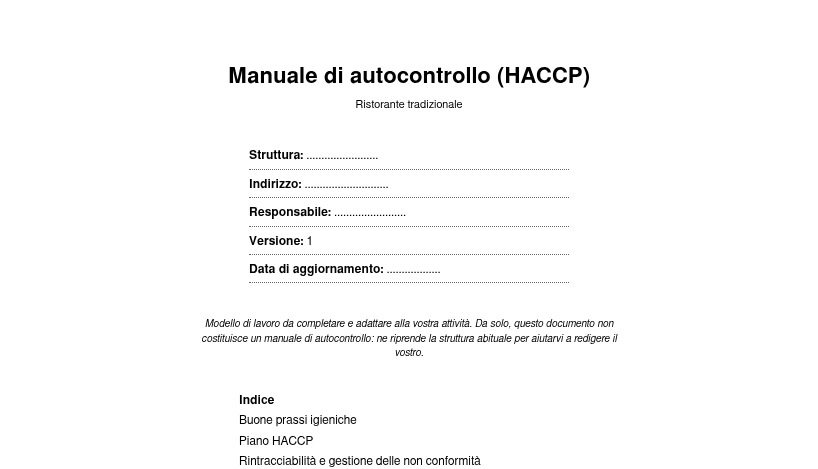 Anteprima del modello di manuale di autocontrollo vuoto: copertina e indice delle parti da compilare