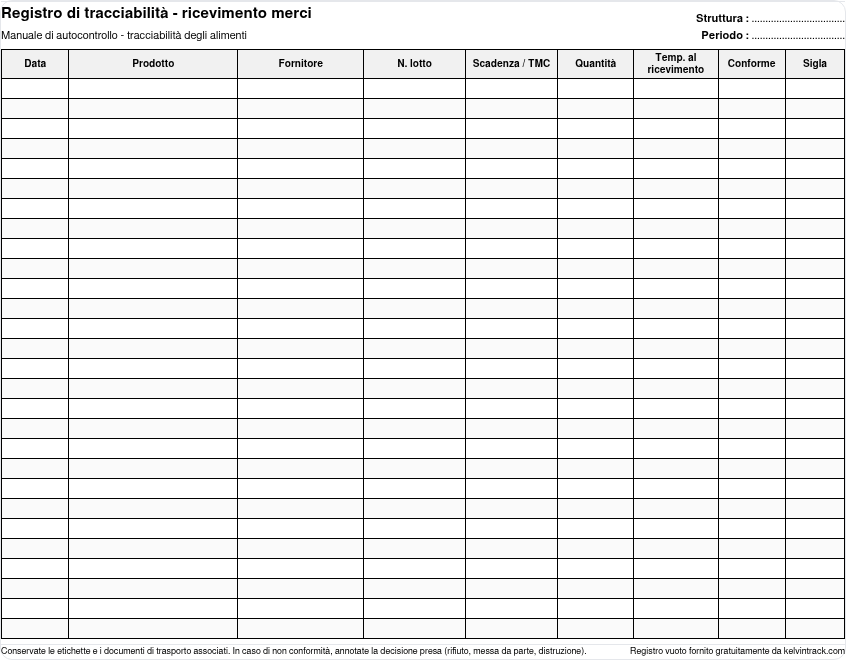 Anteprima del registro di tracciabilità vuoto, ricevimento merci: data, prodotto, fornitore, lotto, scadenza, quantità, temperatura, conforme, sigla