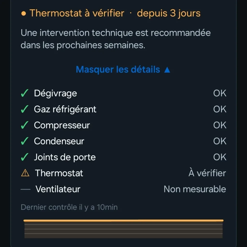Diagnosekarte der App: Abtauung, Kältemittel, Kompressor, Verflüssiger und Türdichtungen OK, Thermostat zu prüfen, Lüfter nicht messbar.