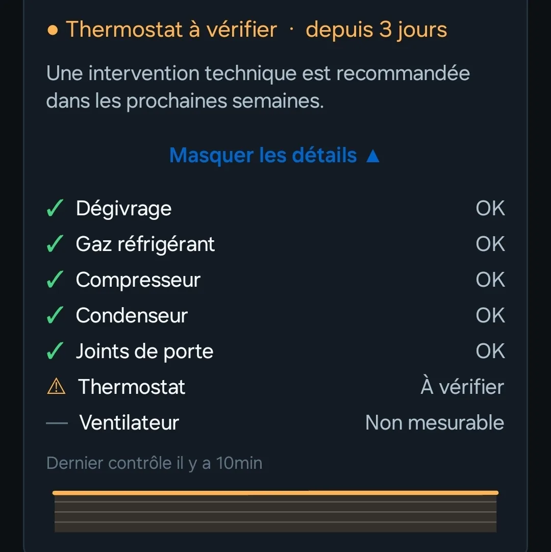Carte de diagnostic de l'application : dégivrage, gaz réfrigérant, compresseur, condenseur et joints de porte OK, thermostat à vérifier, ventilateur non mesurable.