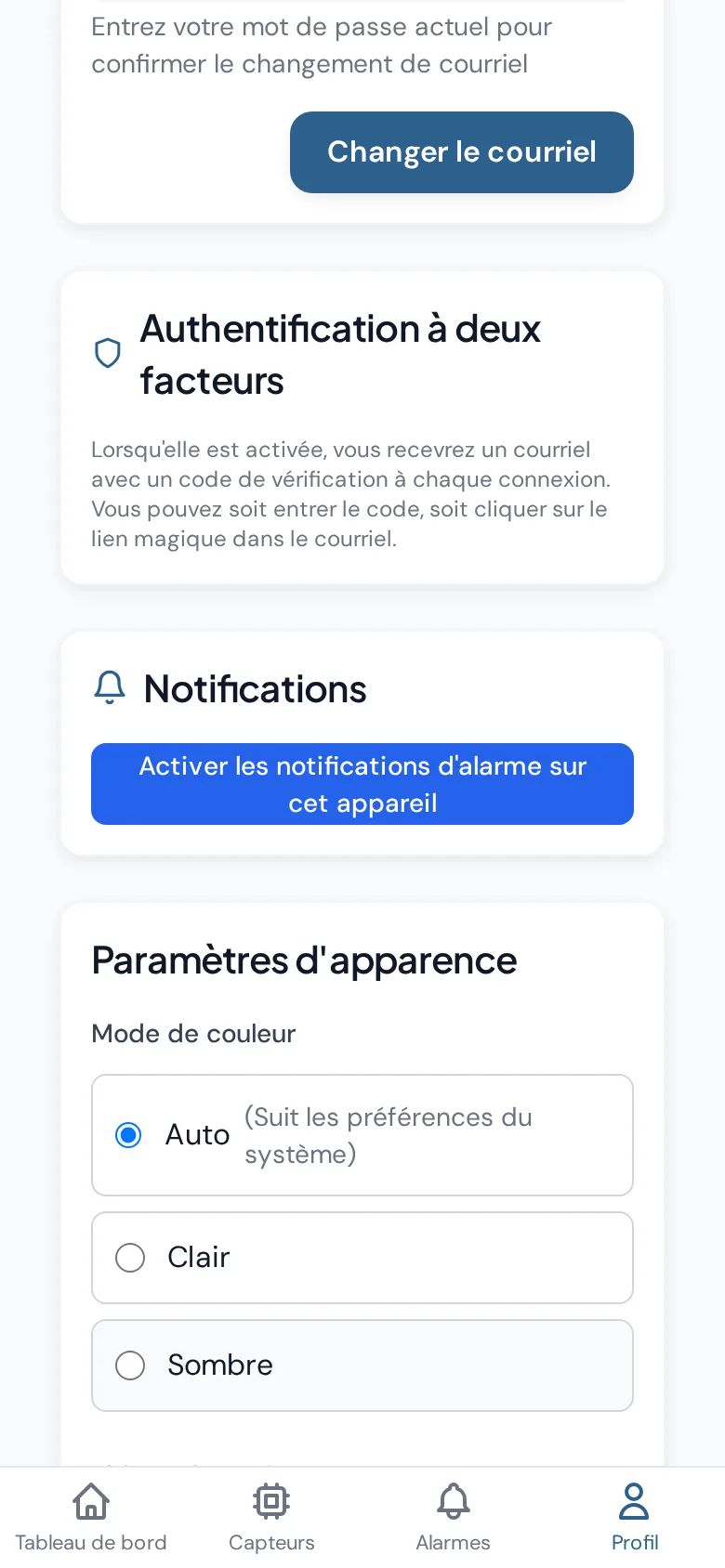 La page Profil avec la carte Notifications sur iPhone